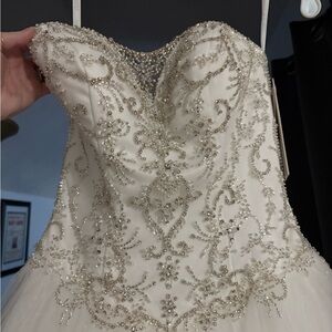David's Bridal White and Silver Embellished Wedding Dress